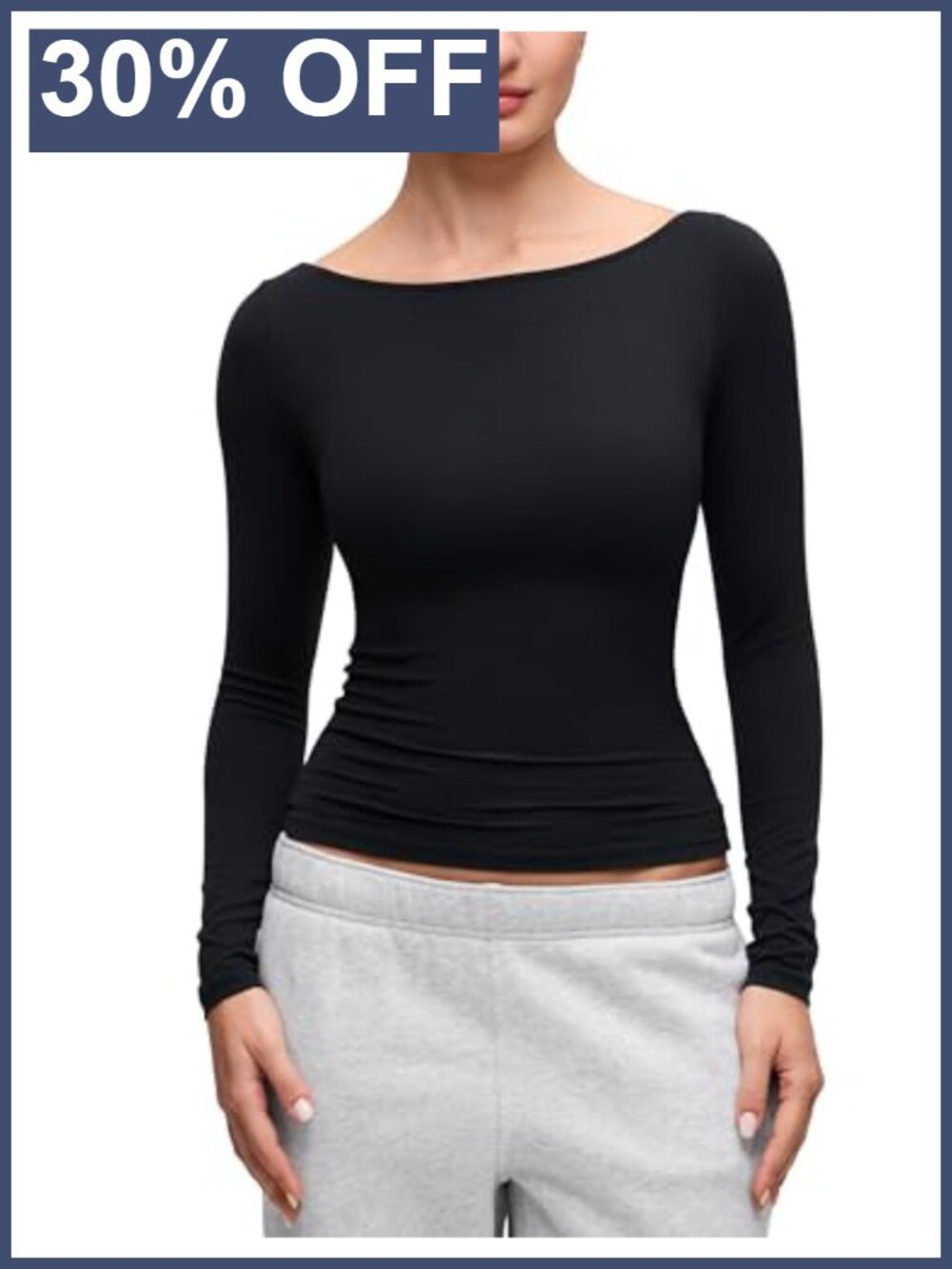 Boat Neck Long Sleeve Fitted Top Soft Stretch Waist Length